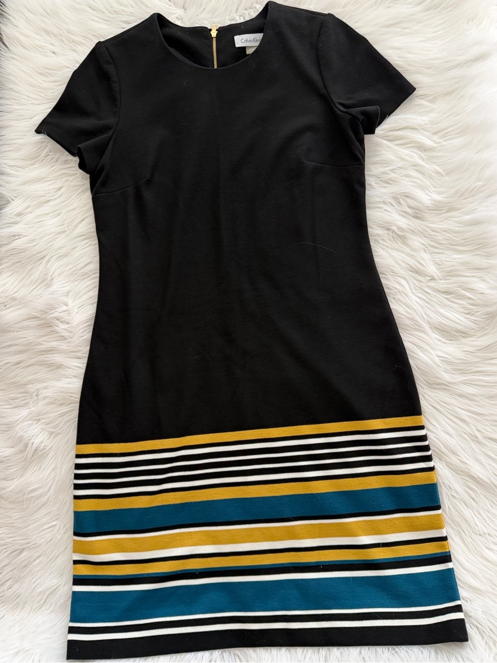Calvin Klein Black Mini Dress with Mustard and Teal Stripe Hem